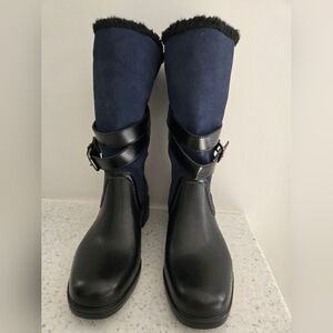 Coach Navy and Black Mid-Calf Buckle Boots